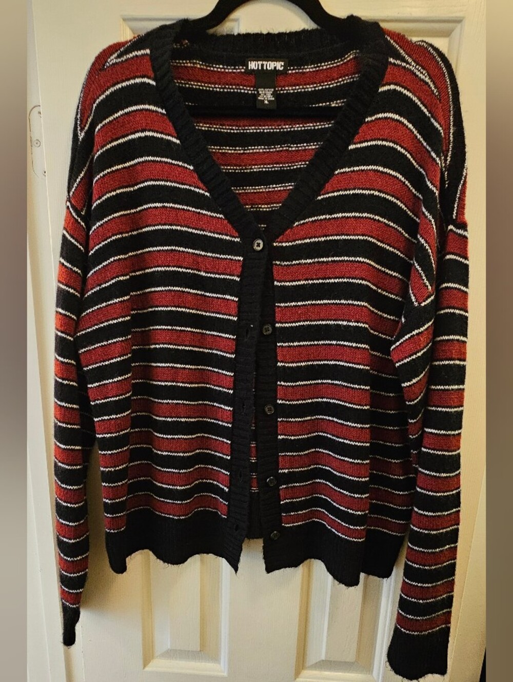 Hot Topic Women's Striped Red & Black Button-Up Cardigan Sweater